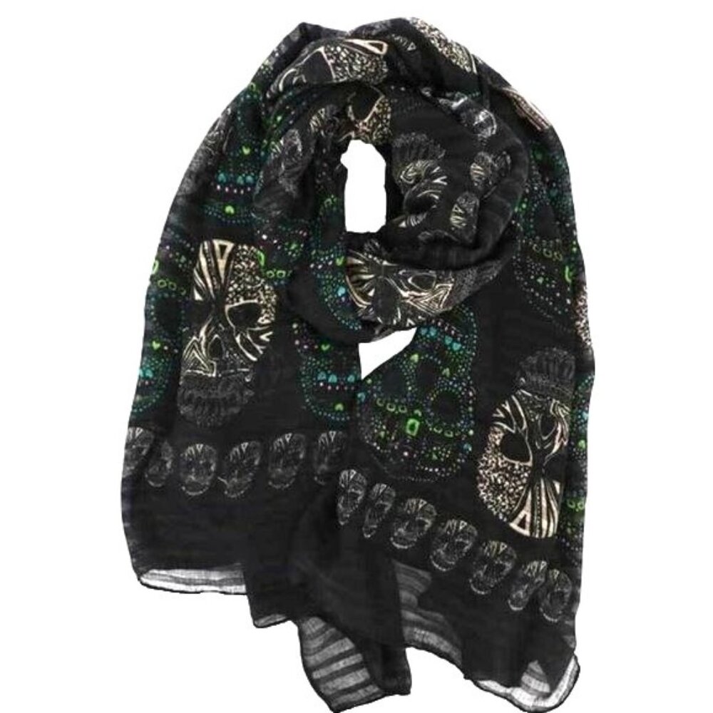 Black Skull Patterned Oblong Scarf Gothic Punk Dark Fairy‎ Whimsigoth